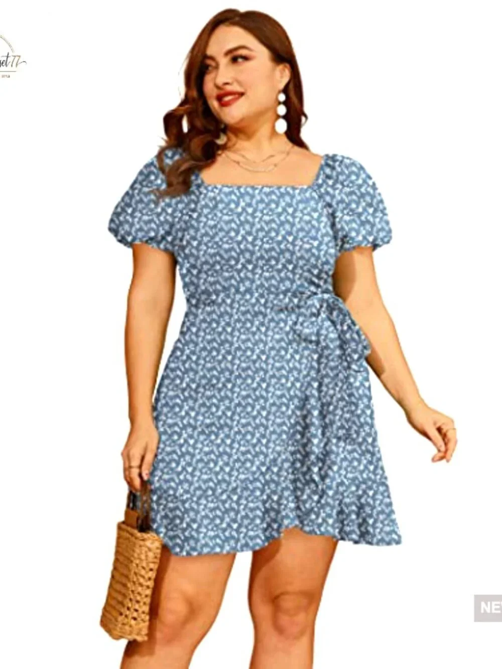 Puff Sleeve Square Neck Tie Waist Mini Dress Lightweight Chiffon - Picture 3 of 7